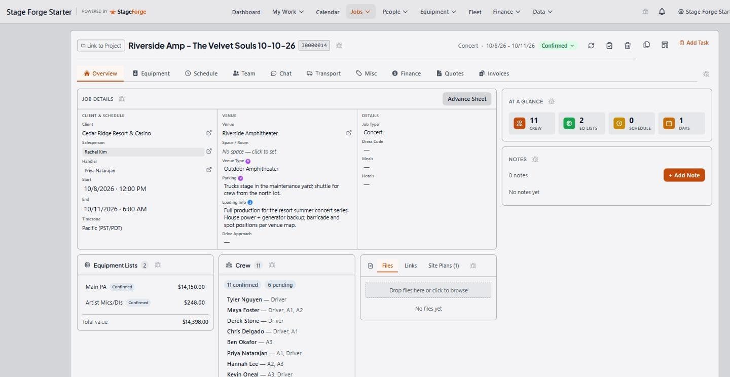 A concert job in Stage Forge: client, venue with loading details, dates, crew assignments, equipment lists and at-a-glance stats on one screen